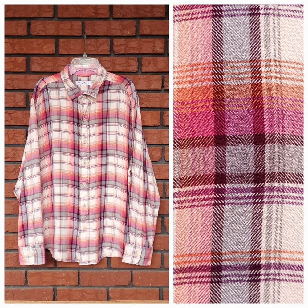 Tommy Bahama Flannel Shirt Mens L Plaid Long Sleeve Pink Orange Cream Colorful